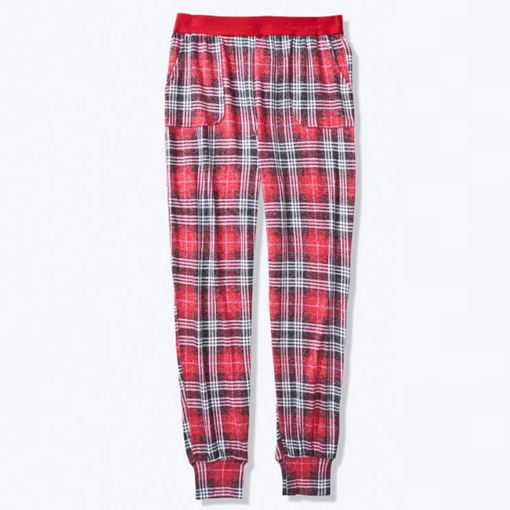 NWT PINK Victoria’s Secret Large Cozy Sleep Jogger Plaid Pajama Pants Joggers VS - Picture 1 of 7